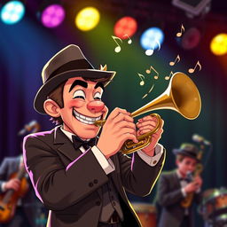 A dynamic and engaging character named Kyle passionately playing a trumpet on stage