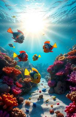 A vibrant underwater scene at a coral reef during sunrise, with soft rays of sunlight filtering through the water