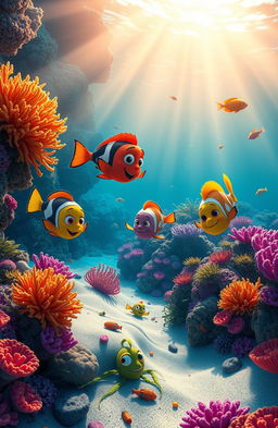 A vibrant underwater scene at a coral reef during sunrise, with soft rays of sunlight filtering through the water