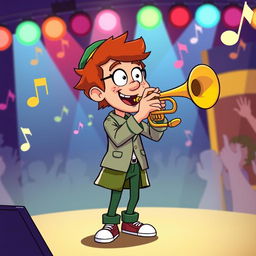 A cartoon-style illustration of a character inspired by Kyle Broflovski, known for his green hat and distinctive attire, enthusiastically playing a trumpet