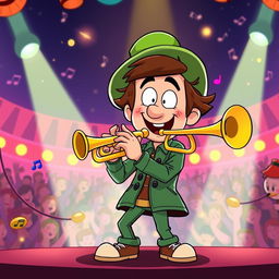 A cartoon-style illustration of a character inspired by Kyle Broflovski, known for his green hat and distinctive attire, enthusiastically playing a trumpet
