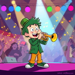 A cartoon-style illustration of a character inspired by Kyle Broflovski, known for his green hat and distinctive attire, enthusiastically playing a trumpet
