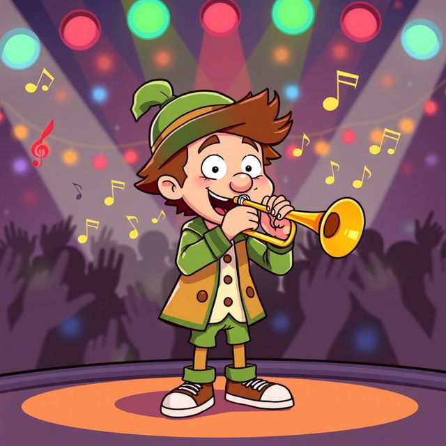 A cartoon-style illustration of a character inspired by Kyle Broflovski, known for his green hat and distinctive attire, enthusiastically playing a trumpet