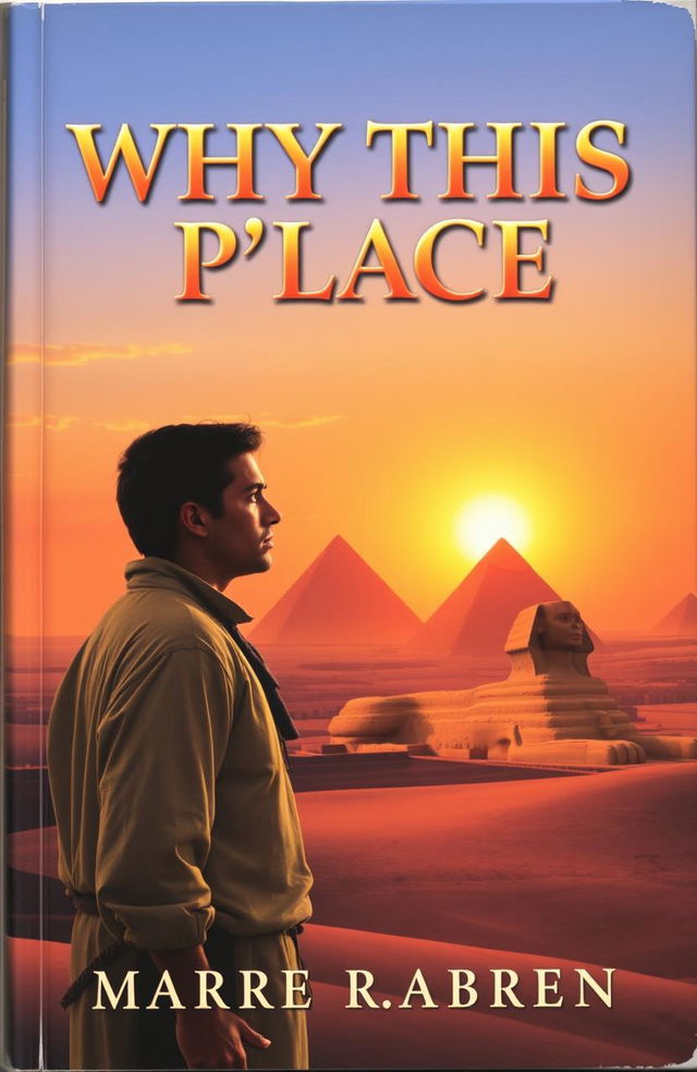 A captivating book cover featuring an ancient Egyptian landscape, showcasing grand pyramids and the Sphinx under a golden sunset