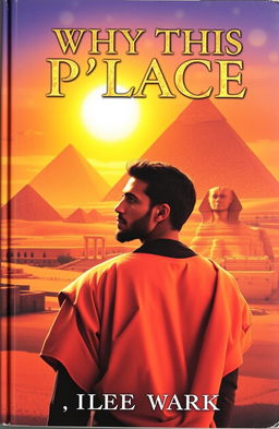 A captivating book cover featuring an ancient Egyptian landscape, showcasing grand pyramids and the Sphinx under a golden sunset