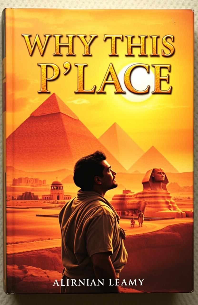 A captivating book cover featuring an ancient Egyptian landscape, showcasing grand pyramids and the Sphinx under a golden sunset