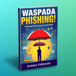 A visually engaging book cover design for "Waspada Phishing! Perlindungan Diri dari Ancaman Dunia Digital" by Dimas Firdaus, published in 2024