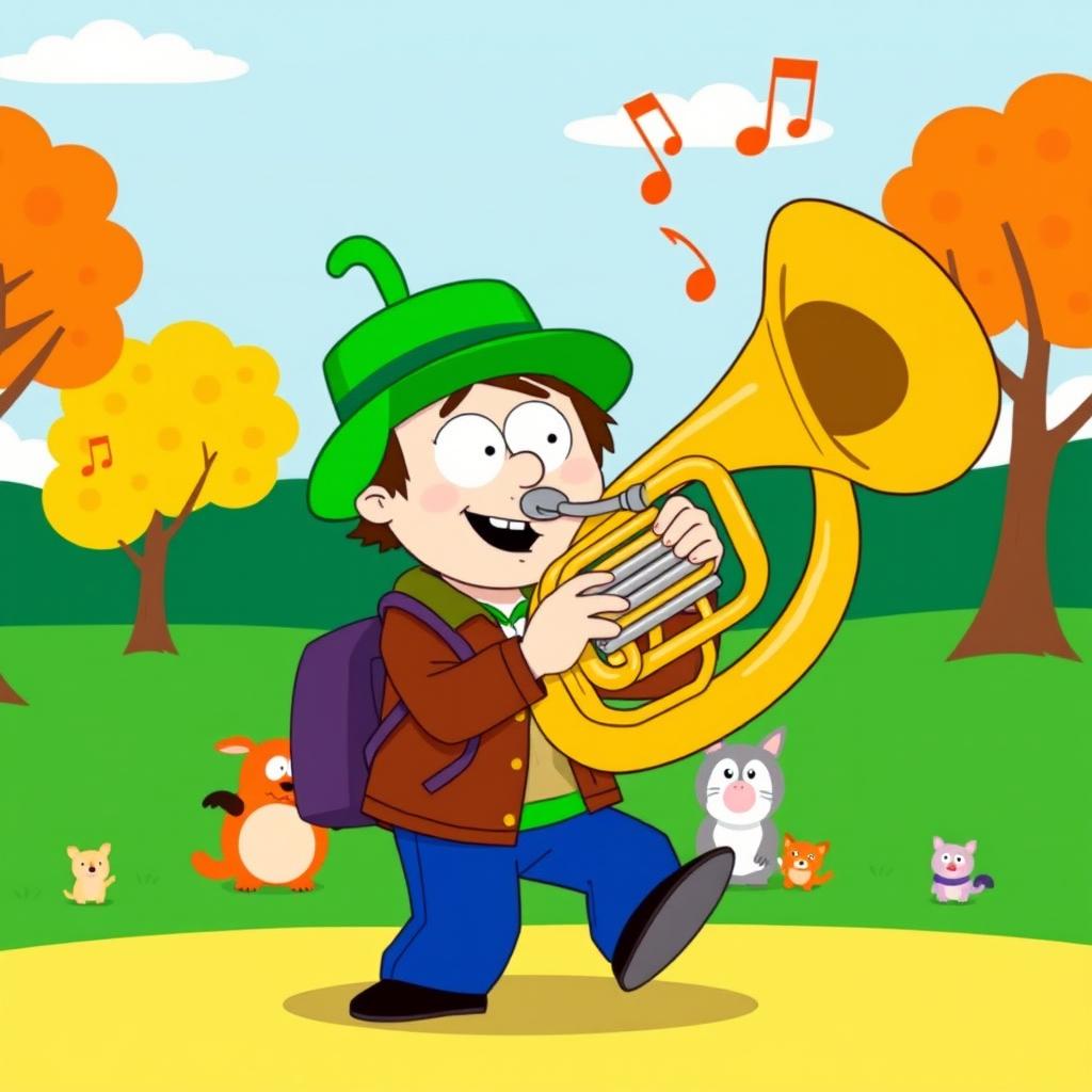 A vibrant cartoon-style illustration of Kyle Broflovski, the character from South Park, energetically playing a large brass tuba