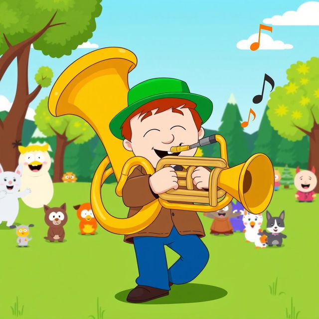 A vibrant cartoon-style illustration of Kyle Broflovski, the character from South Park, energetically playing a large brass tuba