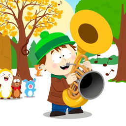 A vibrant cartoon-style illustration of Kyle Broflovski, the character from South Park, energetically playing a large brass tuba