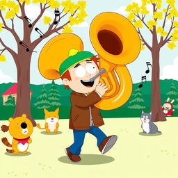 A vibrant cartoon-style illustration of Kyle Broflovski, the character from South Park, energetically playing a large brass tuba