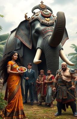 A beautiful young Indian woman with long, flowing hair, wearing a traditional ornate saree, gracefully holds a decorated plate of rituals