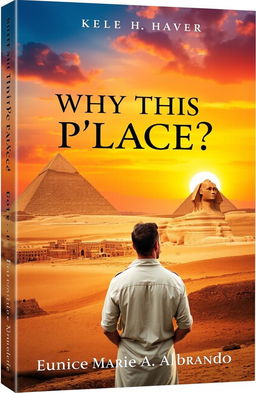 A striking book cover design featuring an ancient Egyptian landscape, with majestic pyramids and the iconic Sphinx in the background under a vibrant sunset sky