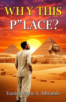 A striking book cover design featuring an ancient Egyptian landscape, with majestic pyramids and the iconic Sphinx in the background under a vibrant sunset sky