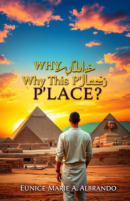 A striking book cover design featuring an ancient Egyptian landscape, with majestic pyramids and the iconic Sphinx in the background under a vibrant sunset sky