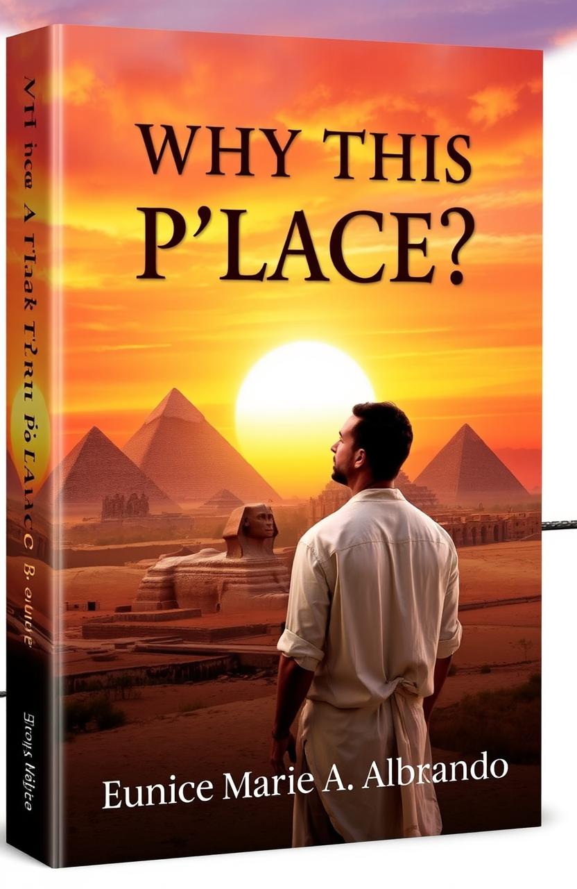 A striking book cover design featuring an ancient Egyptian landscape, with majestic pyramids and the iconic Sphinx in the background under a vibrant sunset sky