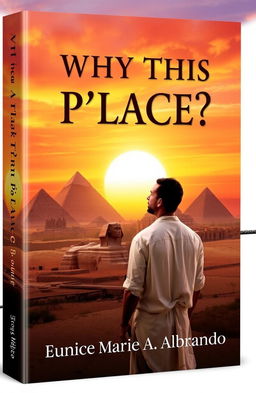 A striking book cover design featuring an ancient Egyptian landscape, with majestic pyramids and the iconic Sphinx in the background under a vibrant sunset sky