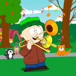 A lively cartoon-style illustration of Kyle Broflovski, the character from South Park, passionately playing a shiny trombone