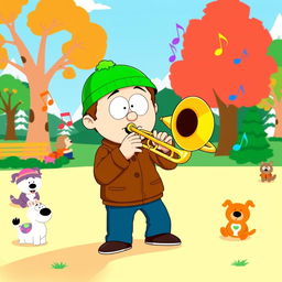 A lively cartoon-style illustration of Kyle Broflovski, the character from South Park, passionately playing a shiny trombone