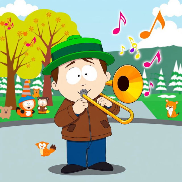 A lively cartoon-style illustration of Kyle Broflovski, the character from South Park, passionately playing a shiny trombone