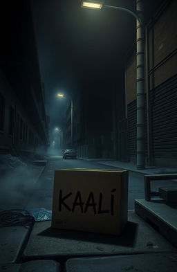 A dark and eerie scene depicting a chilling urban environment, at night under a dim streetlight
