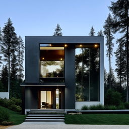 A modern, two-story house with sleek lines, large glass windows, and a minimalist aesthetic.