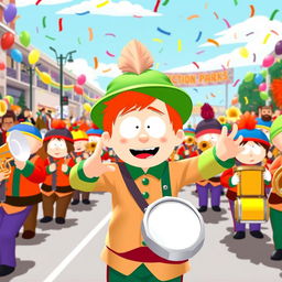 A vibrant and energetic scene featuring Kyle Broflovski from South Park leading a marching band