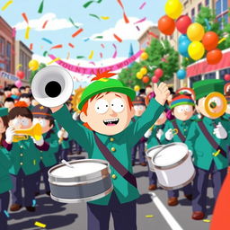 A vibrant and energetic scene featuring Kyle Broflovski from South Park leading a marching band