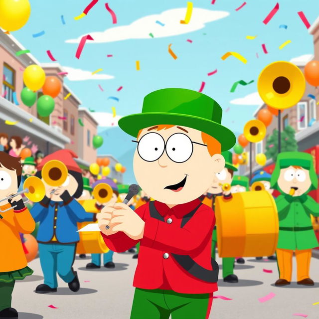 A vibrant and energetic scene featuring Kyle Broflovski from South Park leading a marching band