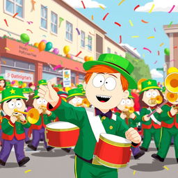 A vibrant and energetic scene featuring Kyle Broflovski from South Park leading a marching band