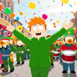 A vibrant and energetic scene featuring Kyle Broflovski from South Park leading a marching band