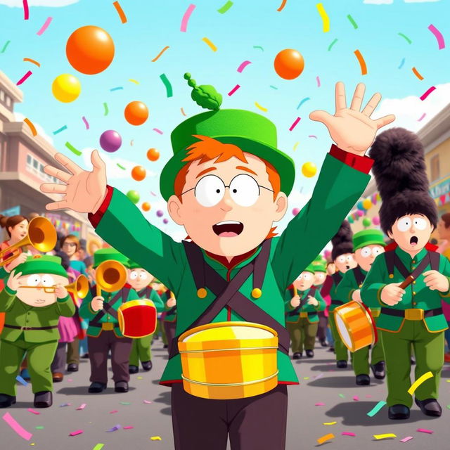 A vibrant and energetic scene featuring Kyle Broflovski from South Park leading a marching band