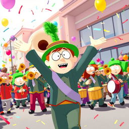 A vibrant and energetic scene featuring Kyle Broflovski from South Park leading a marching band