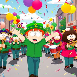 A vibrant and energetic scene featuring Kyle Broflovski from South Park leading a marching band