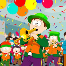 A dynamic and lively scene featuring Kyle Broflovski from South Park energetically conducting a marching band, specifically highlighting a trombone player in the front row