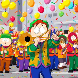 A dynamic and lively scene featuring Kyle Broflovski from South Park energetically conducting a marching band, specifically highlighting a trombone player in the front row