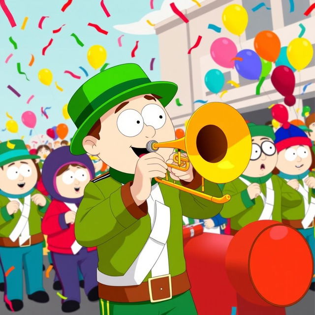 A dynamic and lively scene featuring Kyle Broflovski from South Park energetically conducting a marching band, specifically highlighting a trombone player in the front row