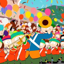 A dynamic and lively scene featuring Kyle Broflovski from South Park energetically conducting a marching band, specifically highlighting a trombone player in the front row
