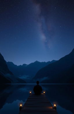 A serene and dark landscape at twilight, featuring a calm lake reflecting the deep blues and purples of the night sky, surrounded by towering, shadowy mountains
