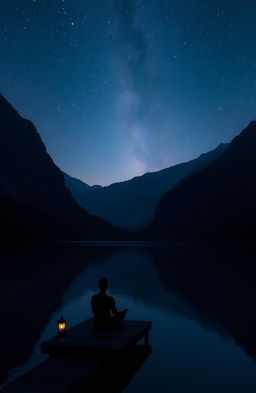 A serene and dark landscape at twilight, featuring a calm lake reflecting the deep blues and purples of the night sky, surrounded by towering, shadowy mountains
