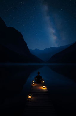 A serene and dark landscape at twilight, featuring a calm lake reflecting the deep blues and purples of the night sky, surrounded by towering, shadowy mountains
