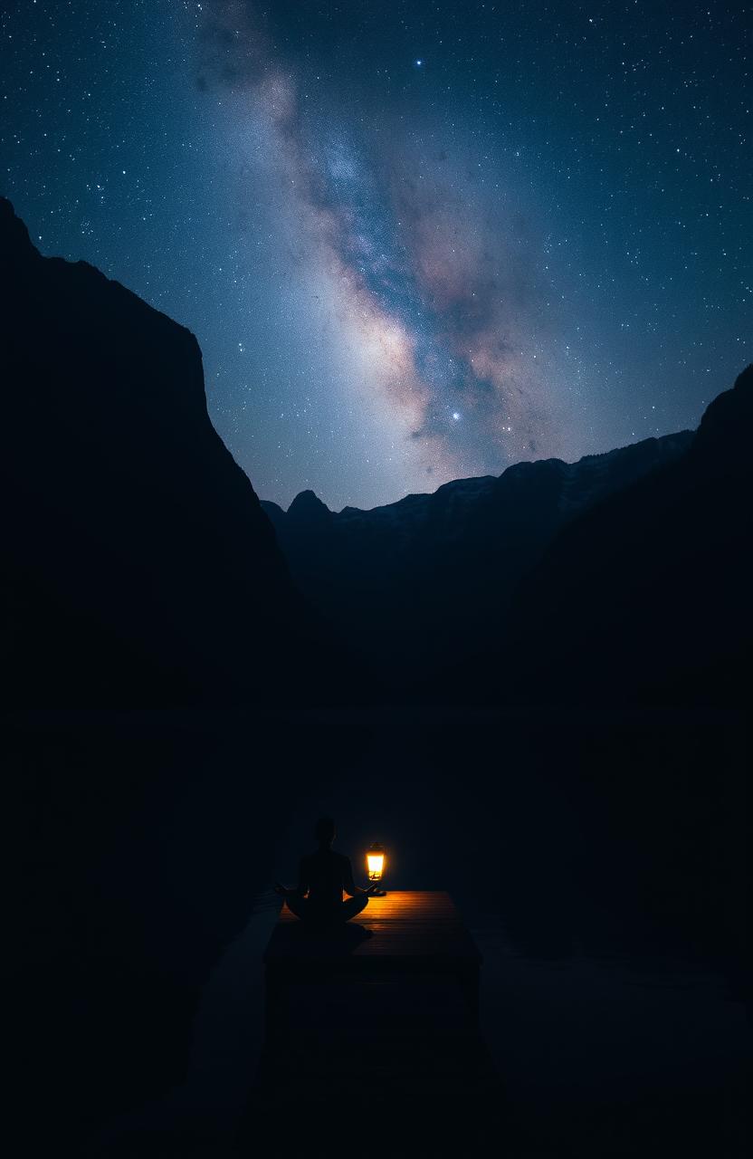 A serene and dark landscape at twilight, featuring a calm lake reflecting the deep blues and purples of the night sky, surrounded by towering, shadowy mountains