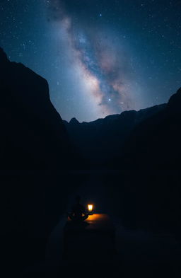 A serene and dark landscape at twilight, featuring a calm lake reflecting the deep blues and purples of the night sky, surrounded by towering, shadowy mountains