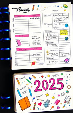 A beautifully designed school planner for the year 2025 featuring vibrant colors and motivational quotes on each page