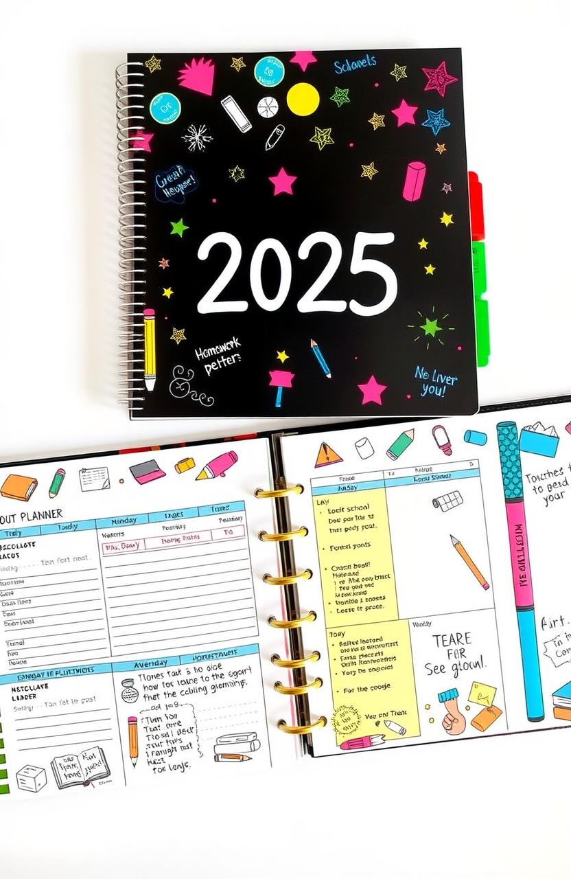 A beautifully designed school planner for the year 2025 featuring vibrant colors and motivational quotes on each page