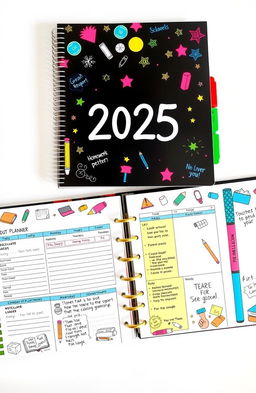 A beautifully designed school planner for the year 2025 featuring vibrant colors and motivational quotes on each page