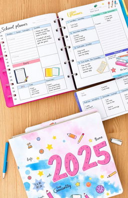 A beautifully designed school planner for the year 2025 featuring vibrant colors and motivational quotes on each page