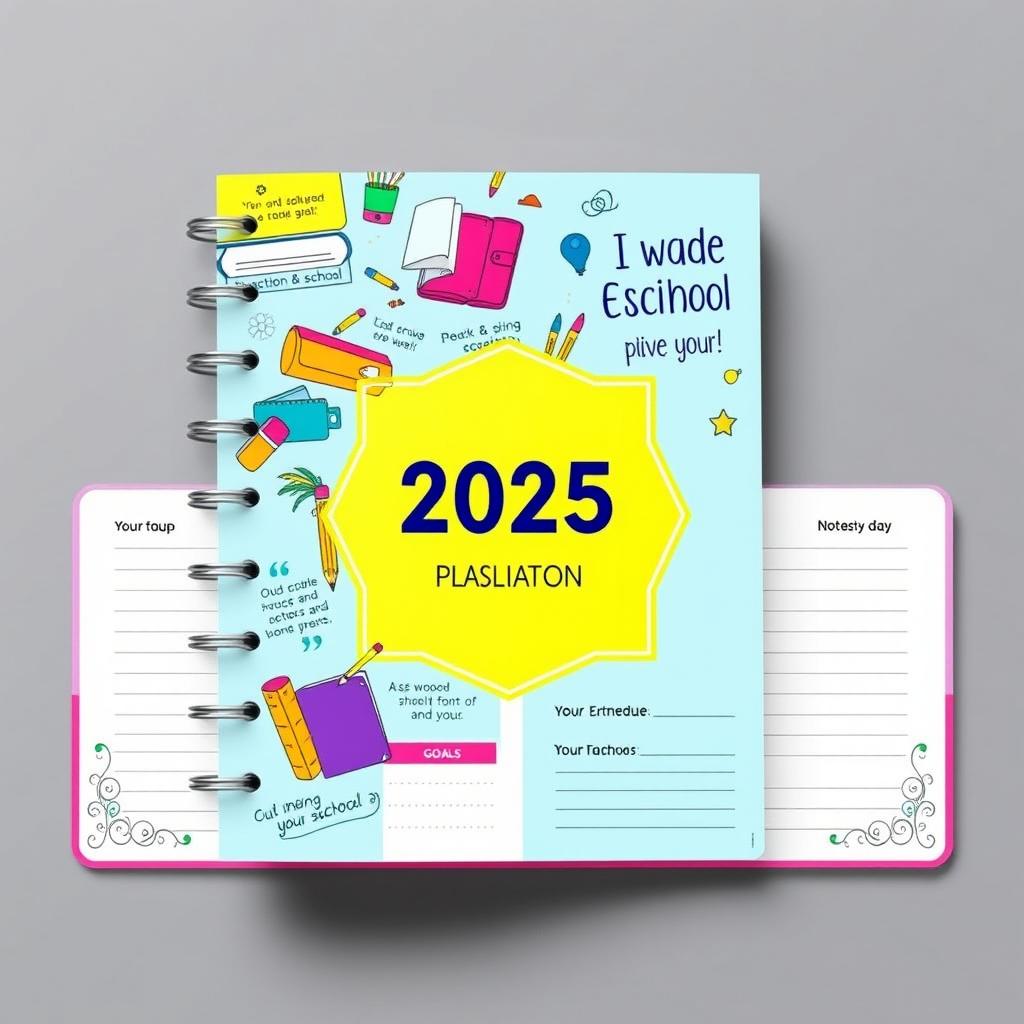 A beautifully designed school planner for the year 2025, featuring a vibrant and motivational cover