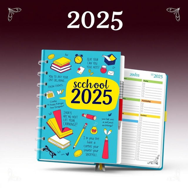 A beautifully designed school planner for the year 2025, featuring a vibrant and motivational cover