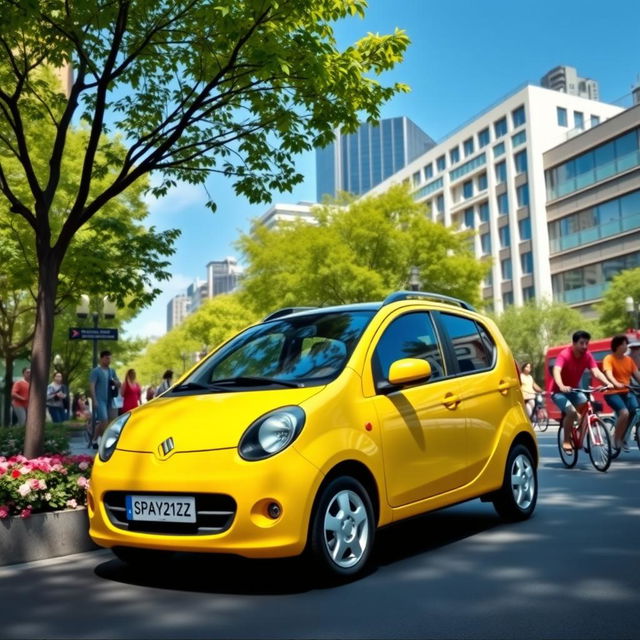 A vibrant, colorful scene featuring a Daewoo Matiz, a small compact car, parked in a lively urban environment